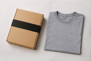 Kvinna packar kläder i kartong med tejprulle och sax